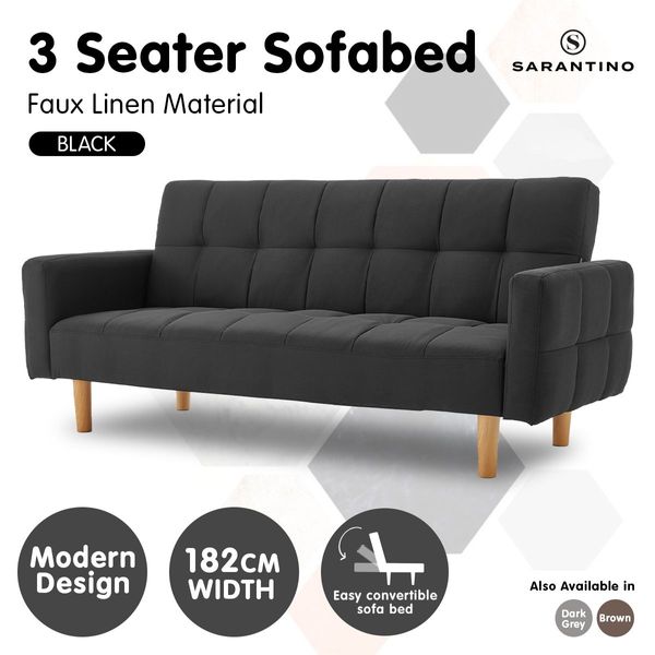 Sarantino 3 Seater Linen Fabric Sofa Bed Couch Armrest Futon Black