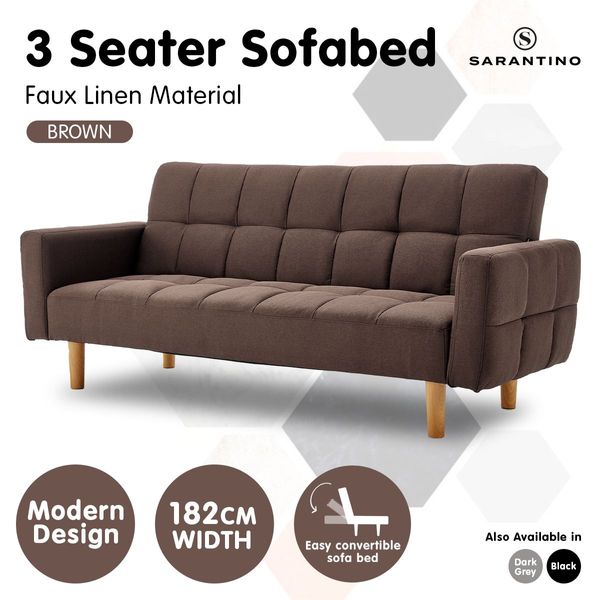 Sarantino 3 Seater Linen Fabric Sofa Bed Couch Armrest Futon Brown