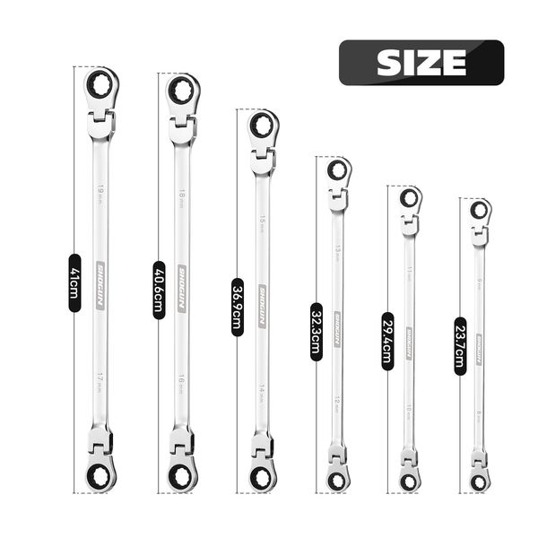 6 PCS Extra-Long 180 Degree Flexible Double Ring Ratchet Spanner Set 72 Tooth Wrench Tool