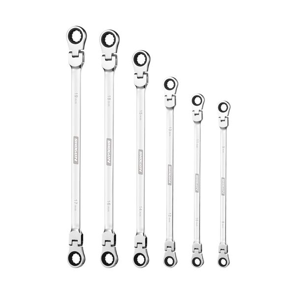 6 PCS Extra-Long 180 Degree Flexible Double Ring Ratchet Spanner Set 72 Tooth Wrench Tool