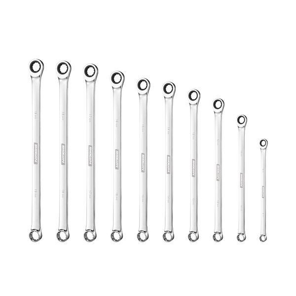 10 PCS Extra Long Double Ring Cr-V Ratchet Spanner Set 72 Tooth Wrench Tool