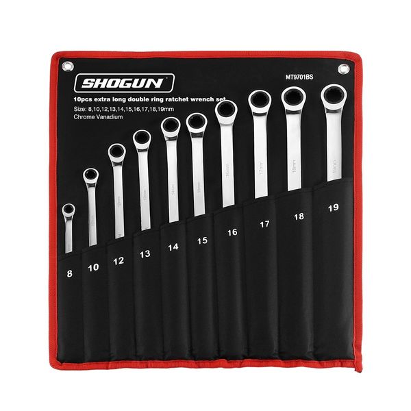 10 PCS Extra Long Double Ring Cr-V Ratchet Spanner Set 72 Tooth Wrench Tool