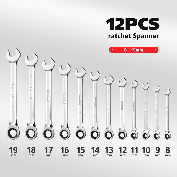 12 PCS Cr-V Ratchet Spanner Set Mirror Polish 72 Tooth Ratchet Wrench Tool