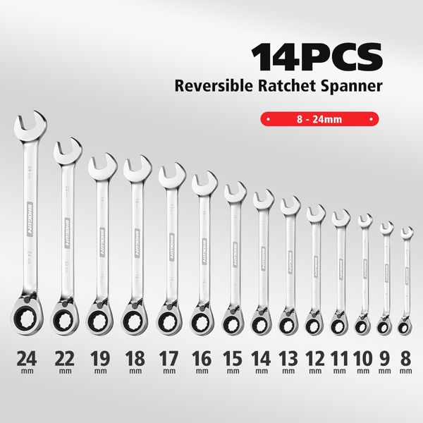 14 PCS Reversible Cr-V Ratchet Spanner Set 2-way Ratchet 72 Tooth Wrench Tool