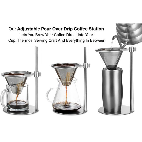 Freestanding Drip Coffee Stand with Reusable Stainless Steel Cone Filter