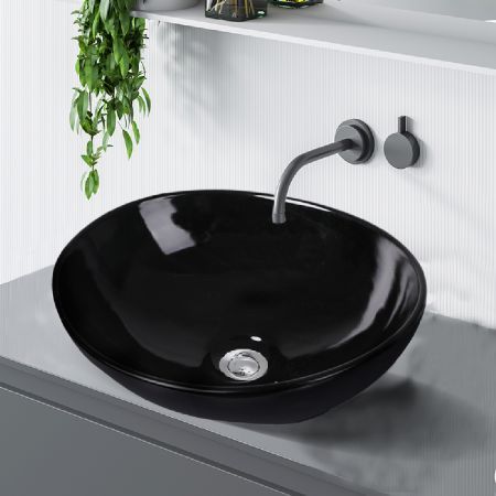 Wash Basin Oval Ceramic Hand Bowl Bathroom Sink Vanity Above Counter Gloss Black