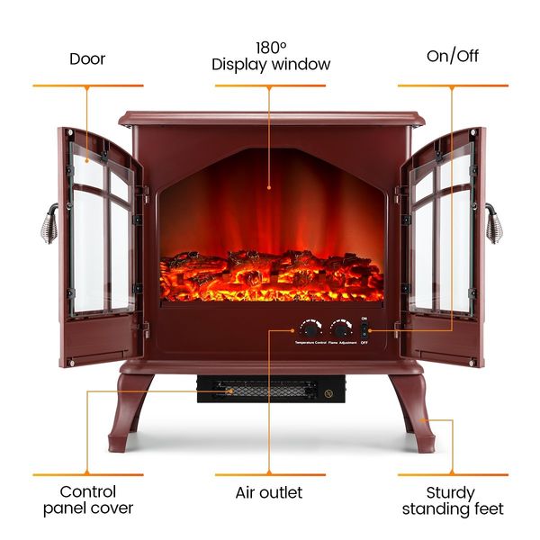 22 Inch 1800W Freestanding Electric Fireplace Stove Realistic LED Flame Effect Thermostat