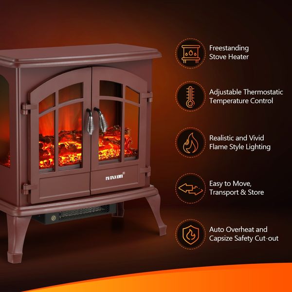 22 Inch 1800W Freestanding Electric Fireplace Stove Realistic LED Flame Effect Thermostat