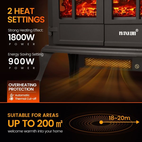 1800W Portable Freestanding 22-inch Electric Fireplace Stove Heater Thermostat 3D Flame Effect