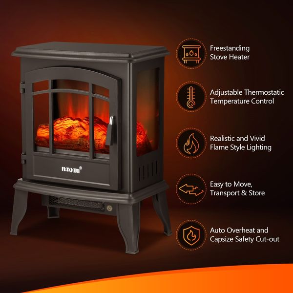 16 Inch Panoramic Electric Fireplace Heater Stove 1800W Portable Flame Thermostat