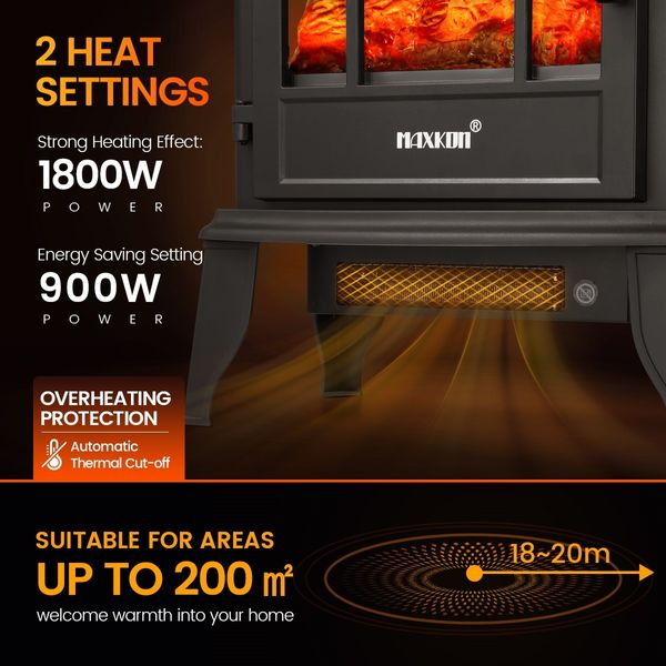 16 Inch Panoramic Electric Fireplace Heater Stove 1800W Portable Flame Thermostat