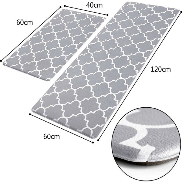 2 PCS Flannel Kitchen Mat Cushioned Anti-Fatigue Kitchen Rug col grey