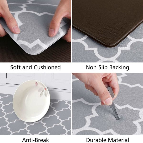 2 PCS Flannel Kitchen Mat Cushioned Anti-Fatigue Kitchen Rug col grey