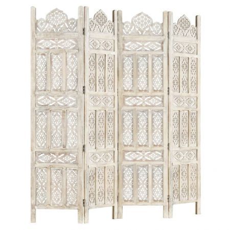 Hand carved 4-Panel Room Divider White 160x165 cm Solid Mango Wood