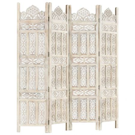 Hand carved 4-Panel Room Divider White 160x165 cm Solid Mango Wood