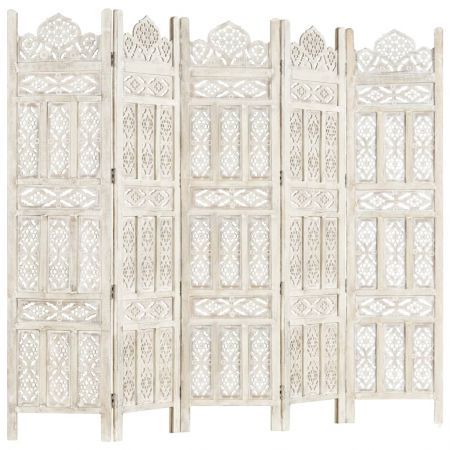 Hand carved 5-Panel Room Divider White 200x165 cm Solid Mango Wood