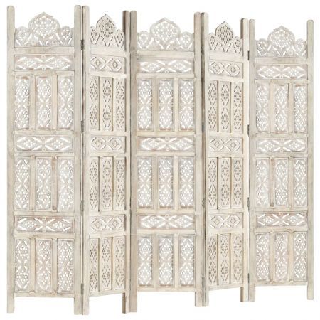 Hand carved 5-Panel Room Divider White 200x165 cm Solid Mango Wood