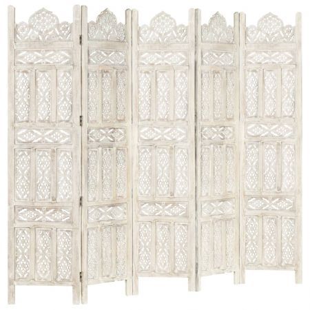 Hand carved 5-Panel Room Divider White 200x165 cm Solid Mango Wood