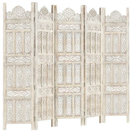 Hand carved 5-Panel Room Divider White 200x165 cm Solid Mango Wood