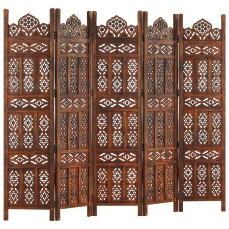 Hand carved 5-Panel Room Divider Brown 200x165 cm Solid Mango Wood