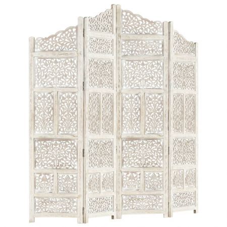 Hand carved 4-Panel Room Divider White 160x165 cm Solid Mango Wood