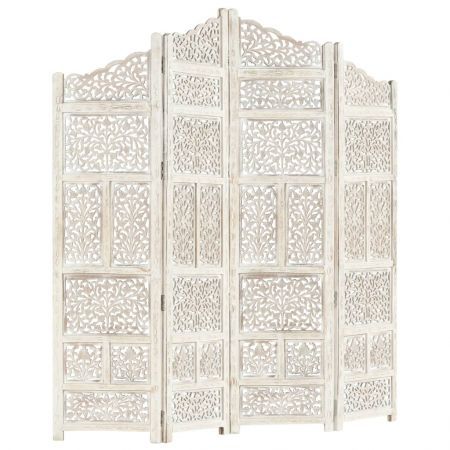 Hand carved 4-Panel Room Divider White 160x165 cm Solid Mango Wood