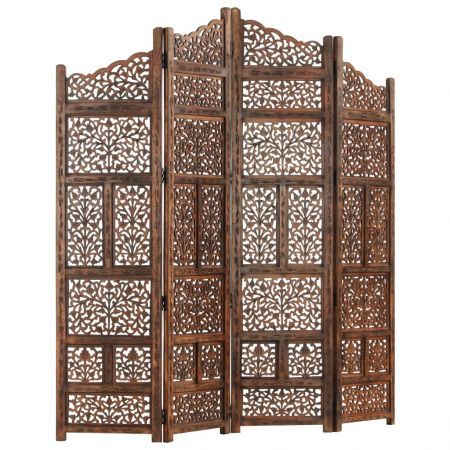 Hand carved 4-Panel Room Divider Brown 160x165 cm Solid Mango Wood