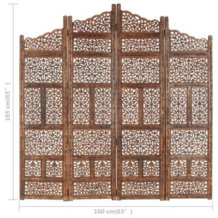 Hand carved 4-Panel Room Divider Brown 160x165 cm Solid Mango Wood