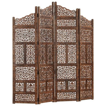 Hand carved 4-Panel Room Divider Brown 160x165 cm Solid Mango Wood