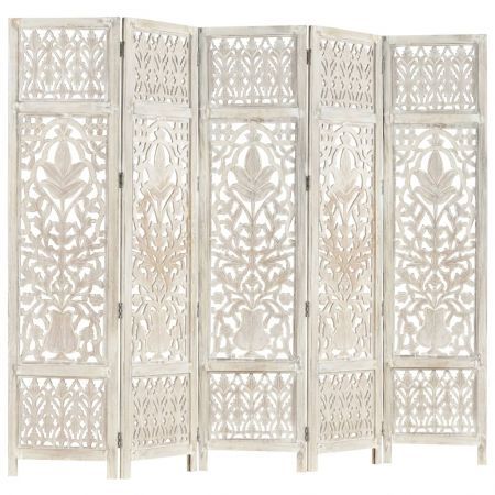 Hand carved 5-Panel Room Divider White 200x165 cm Solid Mango Wood