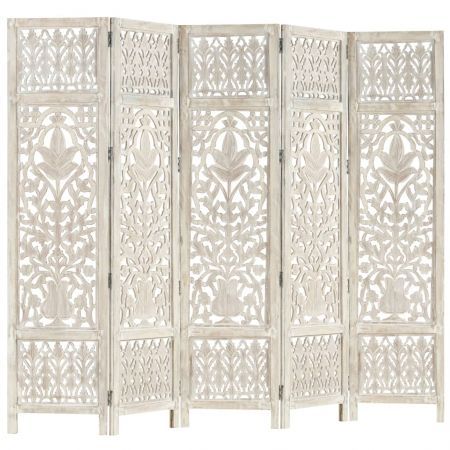 Hand carved 5-Panel Room Divider White 200x165 cm Solid Mango Wood