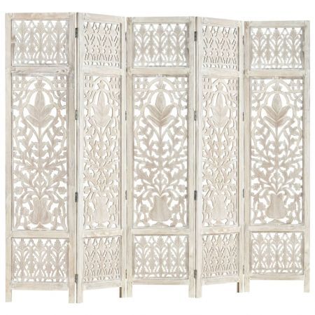 Hand carved 5-Panel Room Divider White 200x165 cm Solid Mango Wood