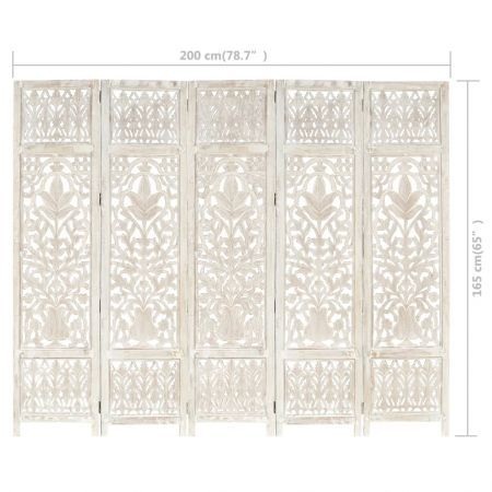 Hand carved 5-Panel Room Divider White 200x165 cm Solid Mango Wood