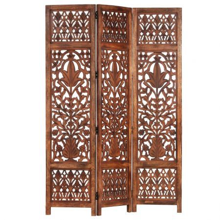 Hand Carved 3-Panel Room Divider Brown 120x165 cm Solid Mango Wood