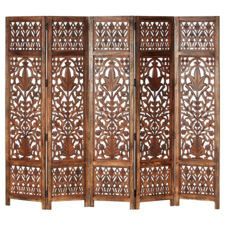 Hand Carved 5-Panel Room Divider Brown 200x165 cm Solid Mango Wood