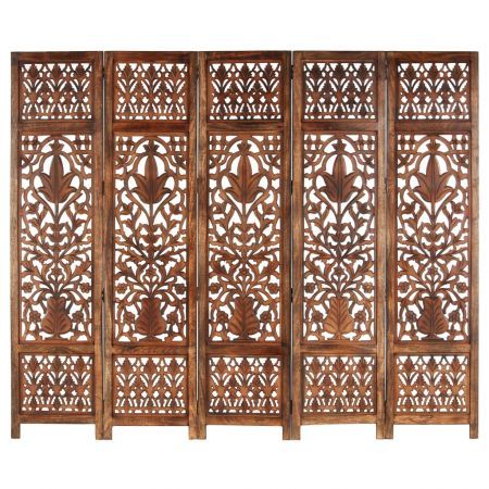 Hand Carved 5-Panel Room Divider Brown 200x165 cm Solid Mango Wood