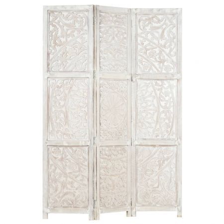 Hand carved 3-Panel Room Divider White 120x165 cm Solid Mango Wood