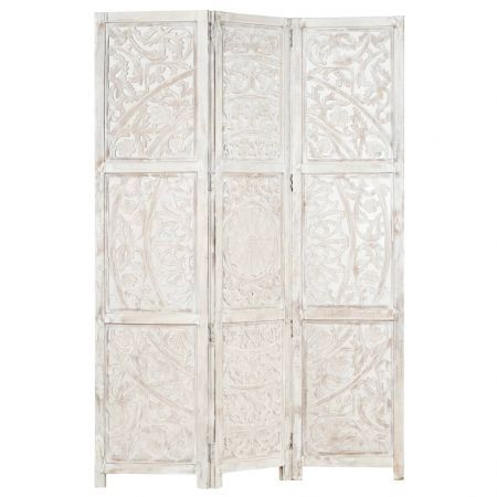 Hand carved 3-Panel Room Divider White 120x165 cm Solid Mango Wood