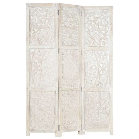 Hand carved 3-Panel Room Divider White 120x165 cm Solid Mango Wood