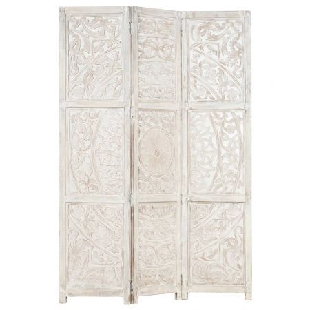 Hand carved 3-Panel Room Divider White 120x165 cm Solid Mango Wood