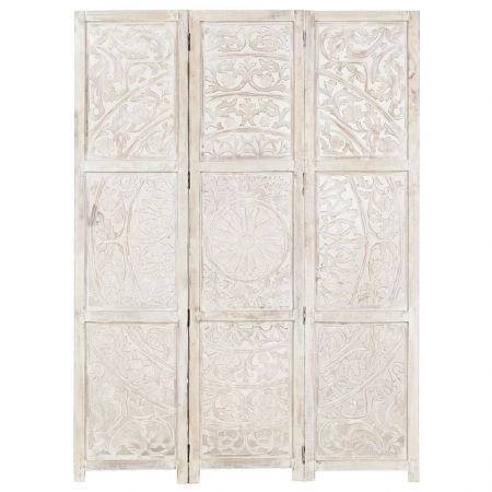 Hand carved 3-Panel Room Divider White 120x165 cm Solid Mango Wood