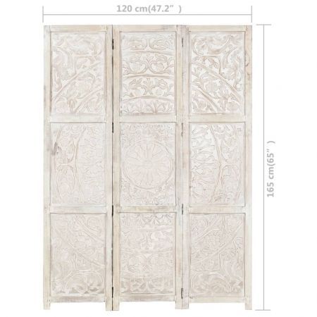 Hand carved 3-Panel Room Divider White 120x165 cm Solid Mango Wood