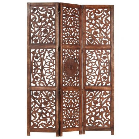 Hand carved 3-Panel Room Divider Brown 120x165 cm Solid Mango Wood