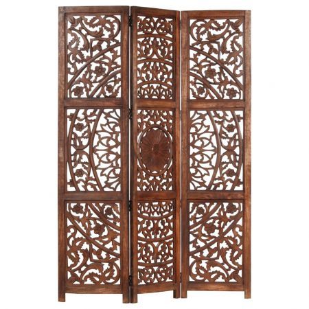 Hand carved 3-Panel Room Divider Brown 120x165 cm Solid Mango Wood