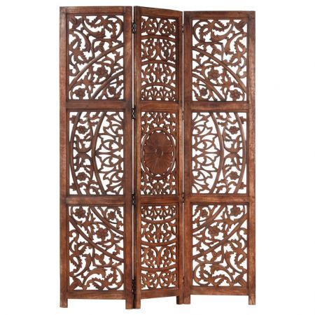 Hand carved 3-Panel Room Divider Brown 120x165 cm Solid Mango Wood