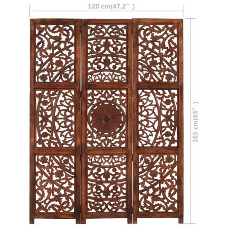 Hand carved 3-Panel Room Divider Brown 120x165 cm Solid Mango Wood