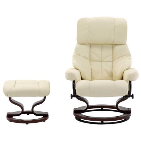 Recliner Chair with Footstool Cream Faux Leather and Bentwood