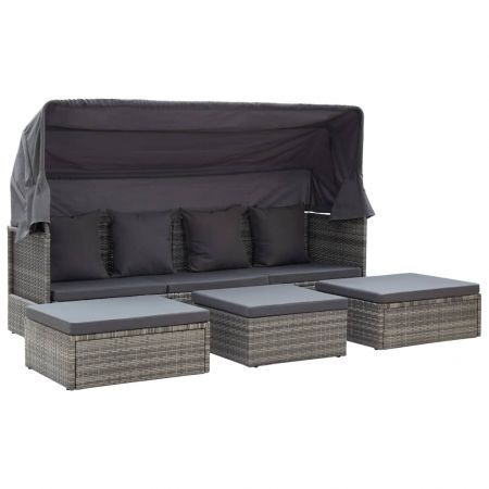 Garden Lounge Bed with Roof Grey 200x60x124 cm Poly Rattan