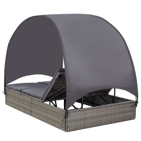 Double Sun Lounger with Canopy Poly Rattan Grey