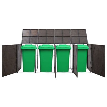 Quadruple Wheelie Bin Shed Brown 305x78x120 cm Poly Rattan